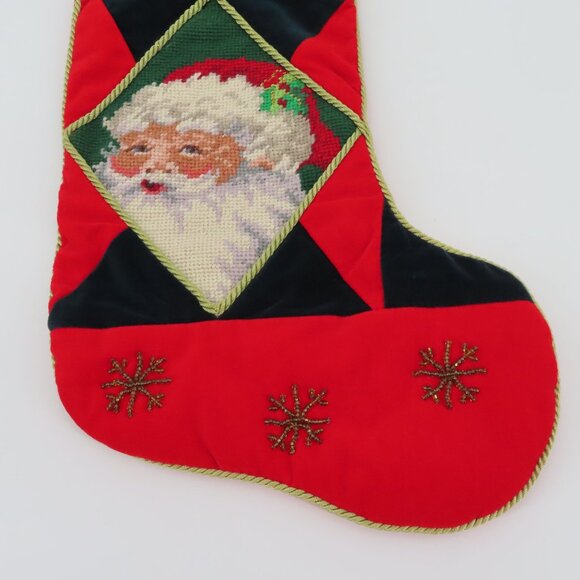 Santa Claus Needlepoint Red Green Velvet Beaded Snowflake Christmas Stocking - Picture 5 of 8